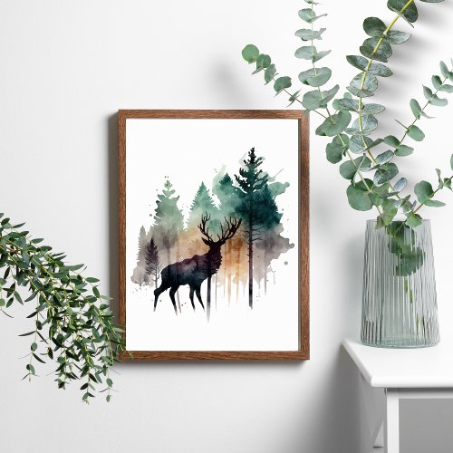 Watercolor Deer in Forest Trees Nature  Poster