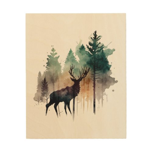 Watercolor Deer in Forest Trees Nature  Wood Wall Art