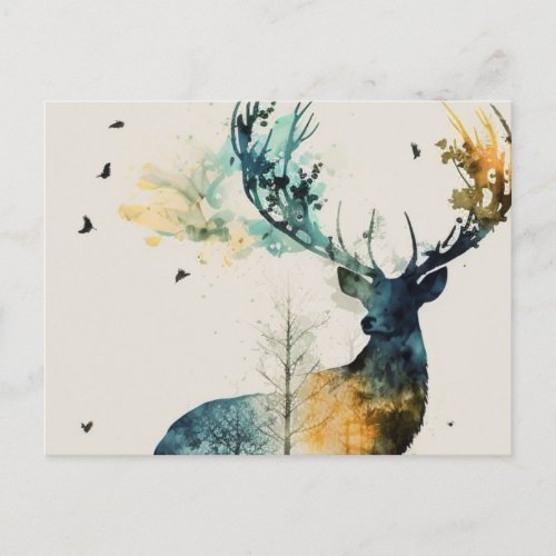 Watercolor Deer in the Forest  Postcard
