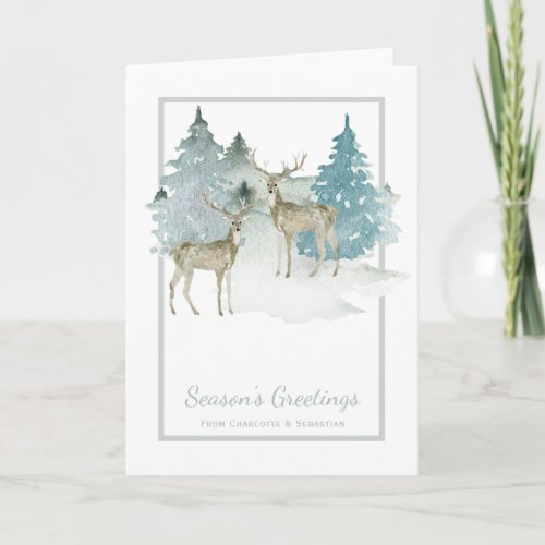 Watercolor Deer in Trees Christmas Winter Scene Card