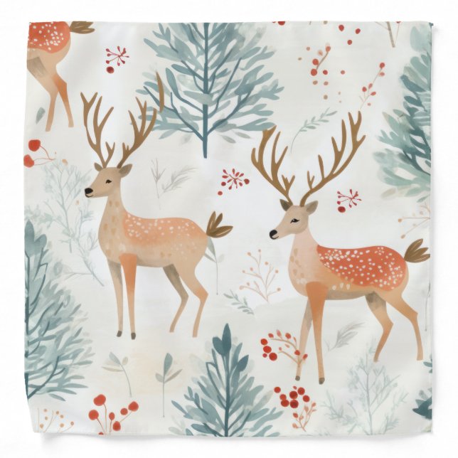 Watercolor Deer In Winter Forest Christmas Bandana (Front)