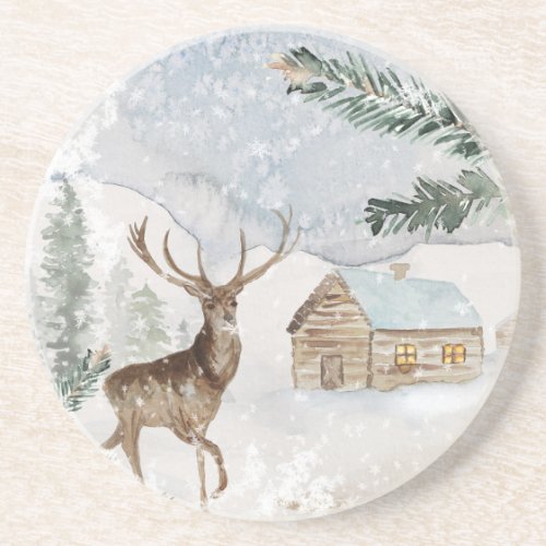 Watercolor Deer in Winter Forest Christmas Coaster