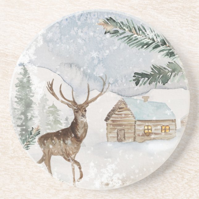 Watercolor Deer in Winter Forest Christmas Coaster (Front)