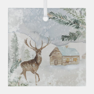 Watercolor Deer in Winter Forest Christmas  Glass Ornament