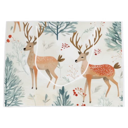 Watercolor Deer In Winter Forest Christmas Large Gift Bag