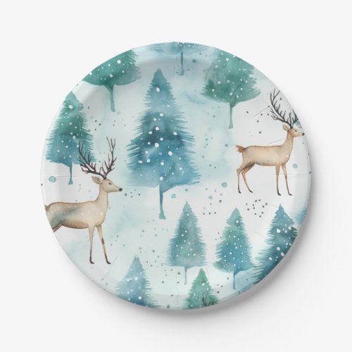 Watercolor Deer In Winter Forest Christmas  Paper Plates