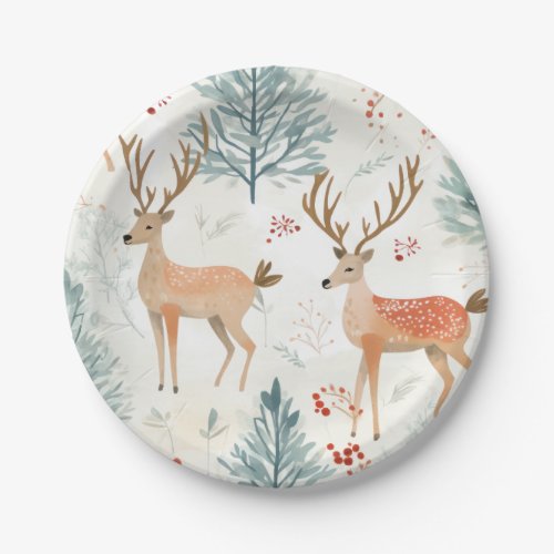 Watercolor Deer In Winter Forest Christmas  Paper Plates