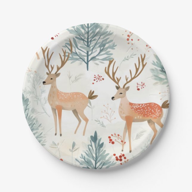 Watercolor Deer In Winter Forest Christmas  Paper Plates (Front)