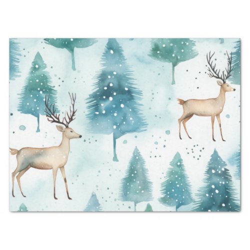 Watercolor Deer In Winter Forest Christmas Tissue Paper