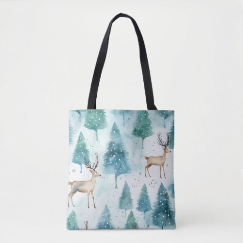 Watercolor Deer In Winter Forest Christmas Tote Bag