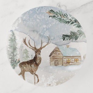 Watercolor Deer in Winter Forest Christmas  Trinket Tray