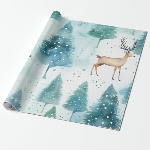 Watercolor Deer In Winter Forest Christmas Wrapping Paper