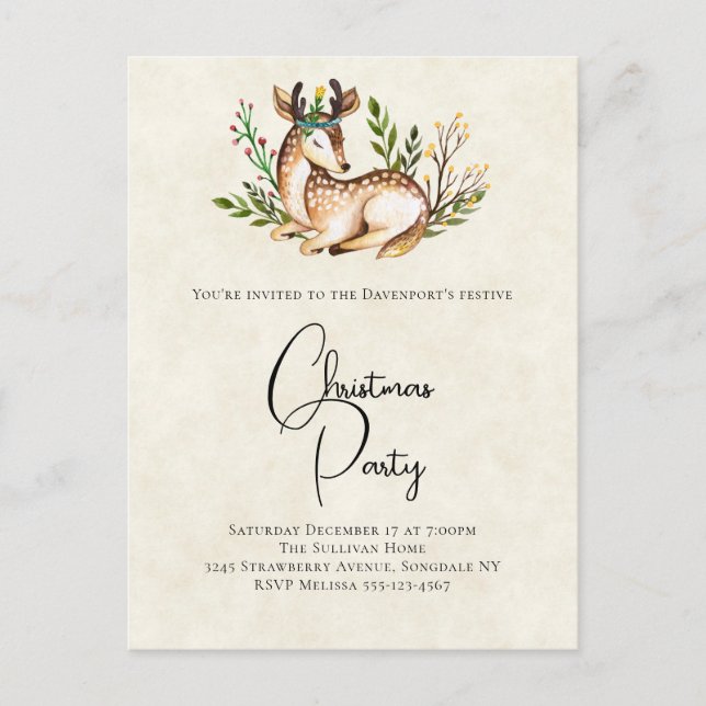 Watercolor Deer Laying Down Boho Christmas Party Postcard (Front)