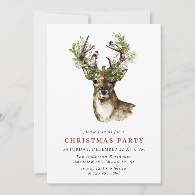 Watercolor Deer Mistletoe Wreath Christmas Party Invitation (Front)