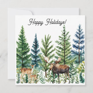 Watercolor Deer Moose Forest Scene Business Logo Holiday Card