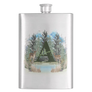 Watercolor Deer Personalized Monogram Letter A Flask