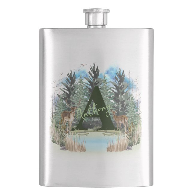 Watercolor Deer Personalized Monogram Letter A Flask (Front)