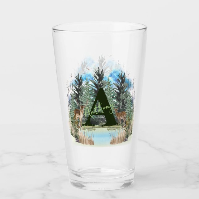 Watercolor Deer Personalized Monogram Letter A Glass (Front)