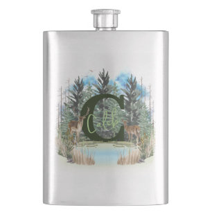 Watercolor Deer Personalized Monogram Letter C Flask