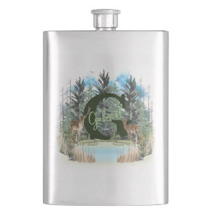 Watercolor Deer Personalized Monogram Letter G Flask