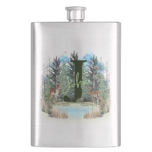 Watercolor Deer Personalized Monogram Letter J Flask