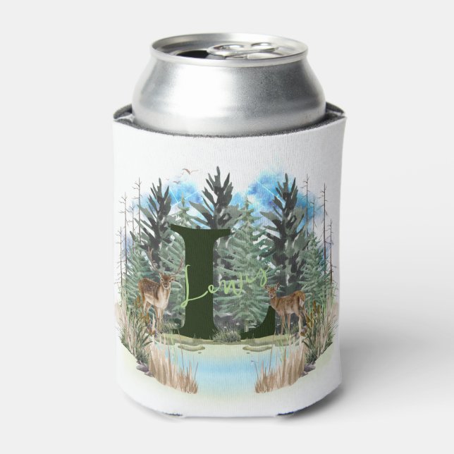Watercolor Deer Personalized Monogram Letter L Can Cooler (Can Front)