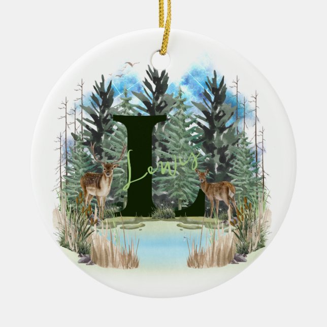 Watercolor Deer Personalized Monogram Letter L Ceramic Ornament (Front)