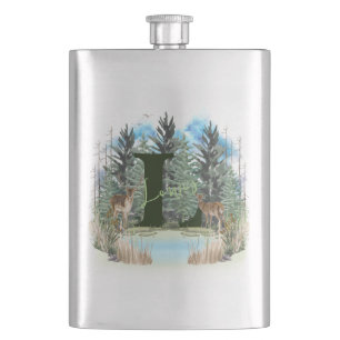 Watercolor Deer Personalized Monogram Letter L Flask