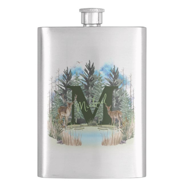 Watercolor Deer Personalized Monogram Letter M Flask (Front)