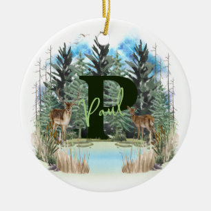 Watercolor Deer Personalized Monogram Letter P Ceramic Ornament