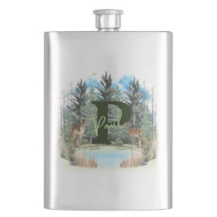 Watercolor Deer Personalized Monogram Letter P Flask