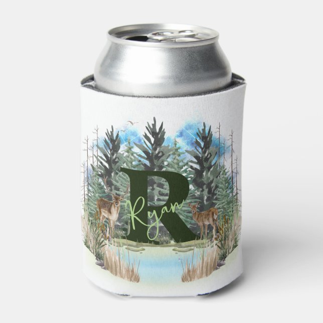 Watercolor Deer Personalized Monogram Letter R Can Cooler (Can Front)