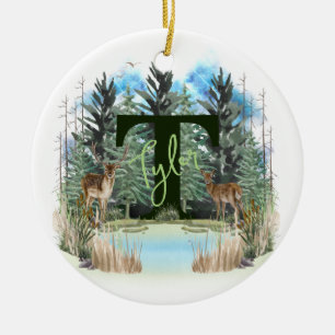 Watercolor Deer Personalized Monogram Letter T Ceramic Ornament