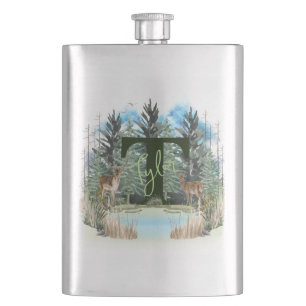 Watercolor Deer Personalized Monogram Letter T Flask