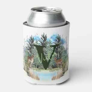 Watercolor Deer Personalized Monogram Letter V Can Cooler