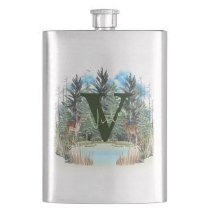 Watercolor Deer Personalized Monogram Letter V Flask