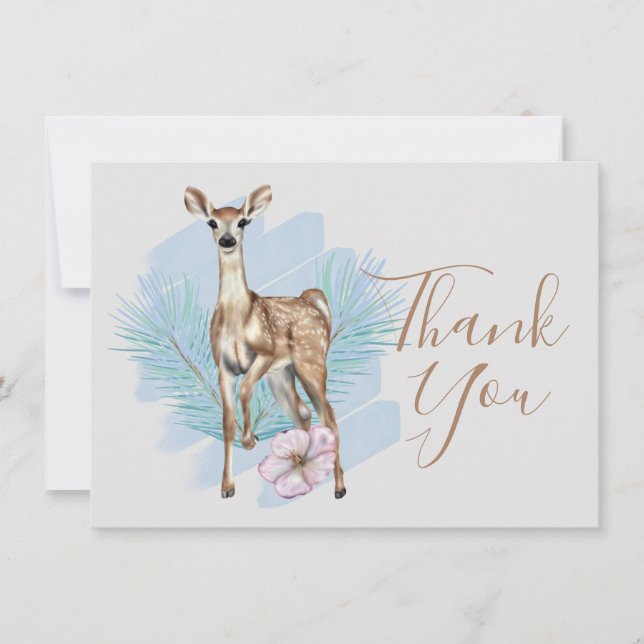 Watercolor Deer Pine Leaves Thank You Card (Front)