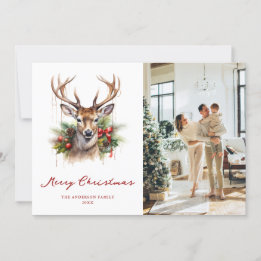 Watercolor Deer Pine Photo Merry Christmas Card