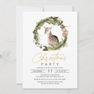 Watercolor Deer Pine Wreath ChristmasHoliday Party Invitation