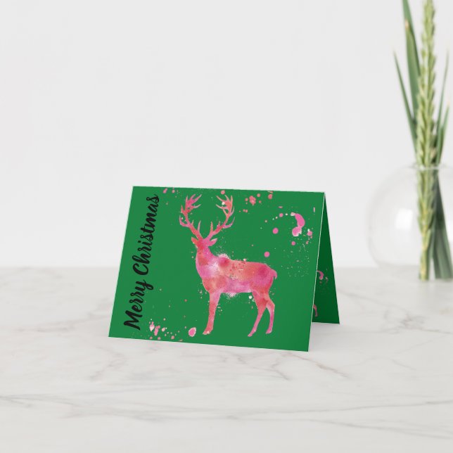 Watercolor Deer, pink orange green Merry Christmas Card (Front)