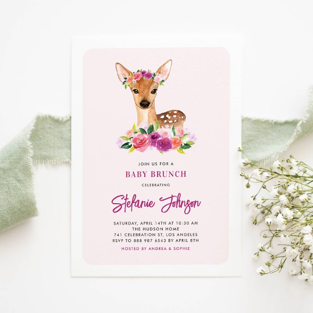 Watercolor Deer Purple Flowers Baby Brunch Invitation (Creator Uploaded)