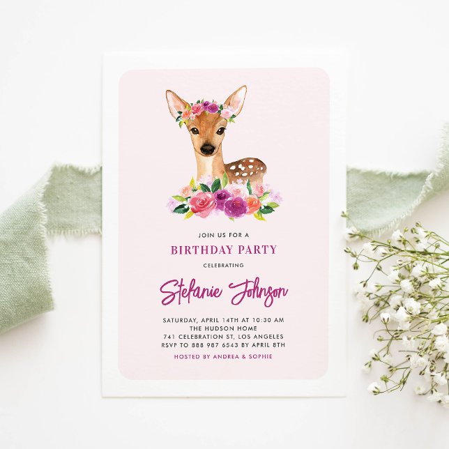 Watercolor Deer Purple Flowers Birthday Party Invitation (Creator Uploaded)
