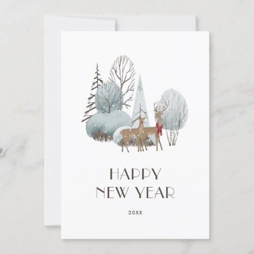 Watercolor Deer Snowy Winter Scene New Year Card
