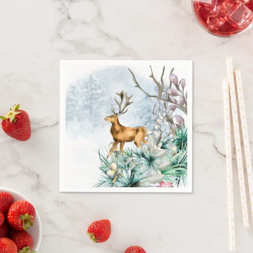 Watercolor Deer Stag Winter Floral Christmas Napkins