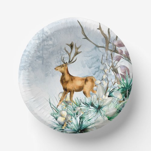 Watercolor Deer Stag Winter Floral Christmas Paper Bowls
