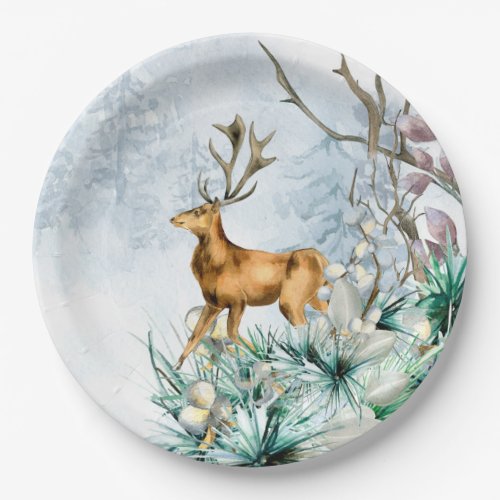 Watercolor Deer Stag Winter Floral Christmas Paper Plates
