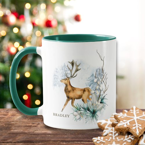 Watercolor Deer Stag Winter Floral Custom Name Mug