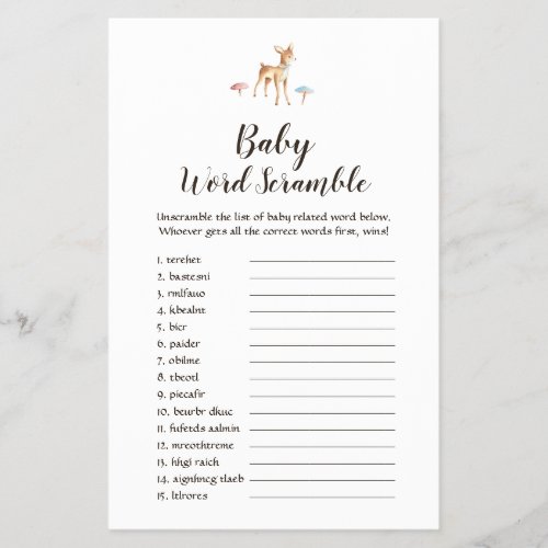 Watercolor Deer White Baby Word Scramble Game Flyer