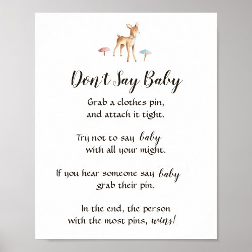 Watercolor Deer White Dont Say Baby Shower Game Poster