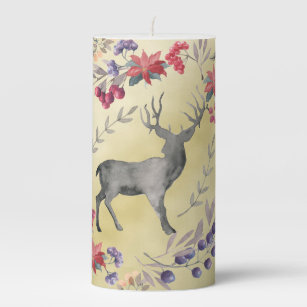 Watercolor Deer Winter Berries Gold Pillar Candle